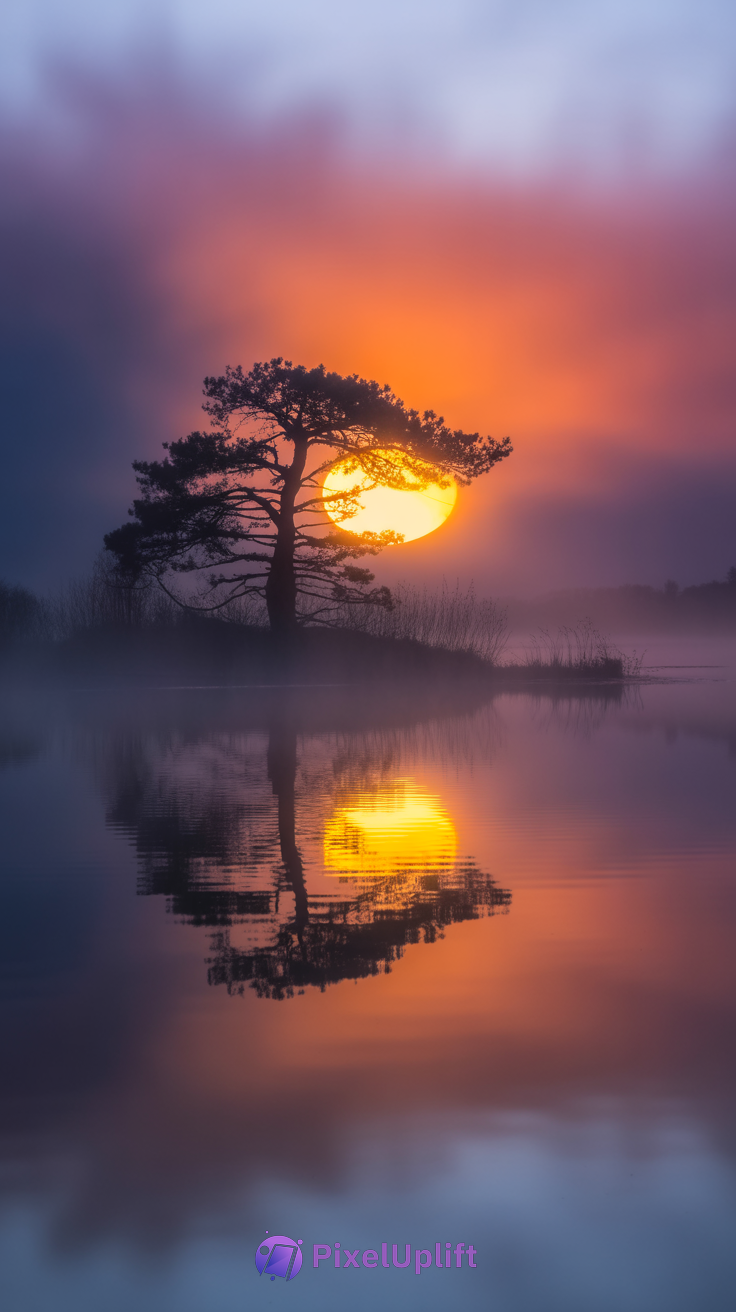 Serene sunset phone wallpaper with solitary tree silhouette over calm water reflecting colorful purple, pink, and orange sky