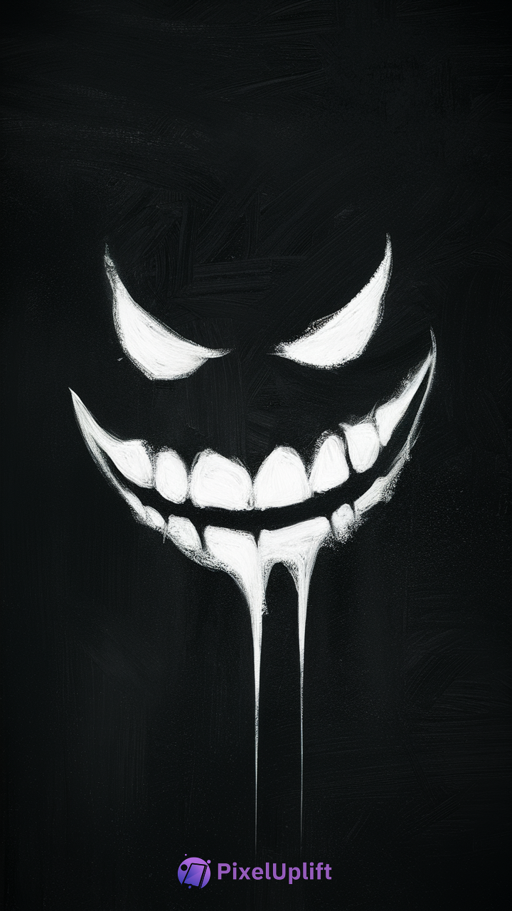 Sinister white face with menacing eyes and toothy grin on black dark wallpaper