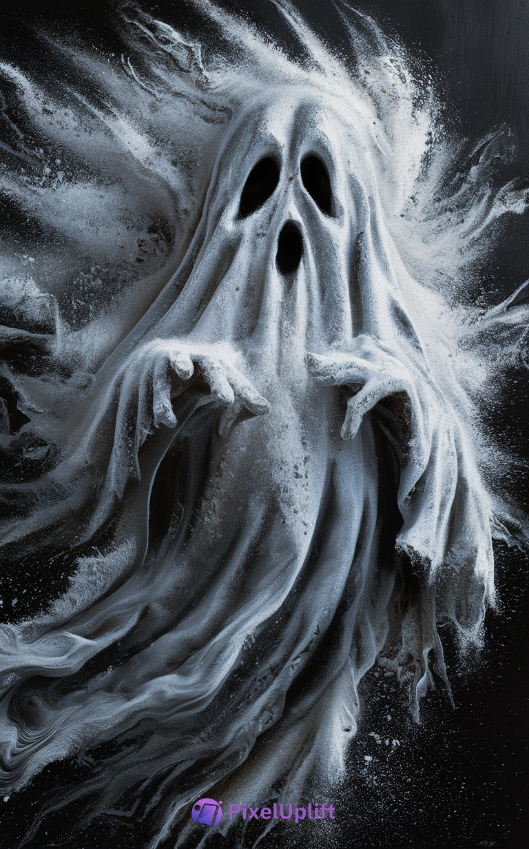 Ethereal ghostly figure made of white swirling dust with hollow black eyes on dark background phone wallpaper