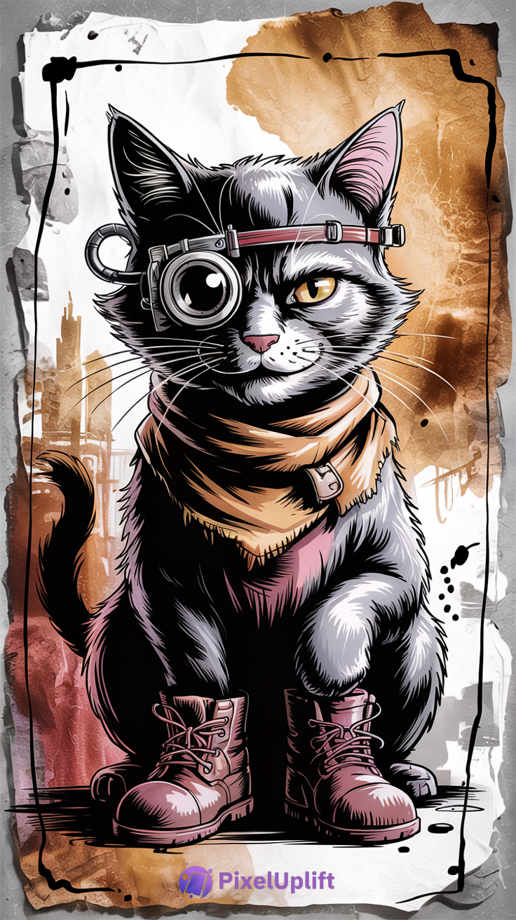 Stylized steampunk cat phone wallpaper with monocle and boots on an industrial textured background