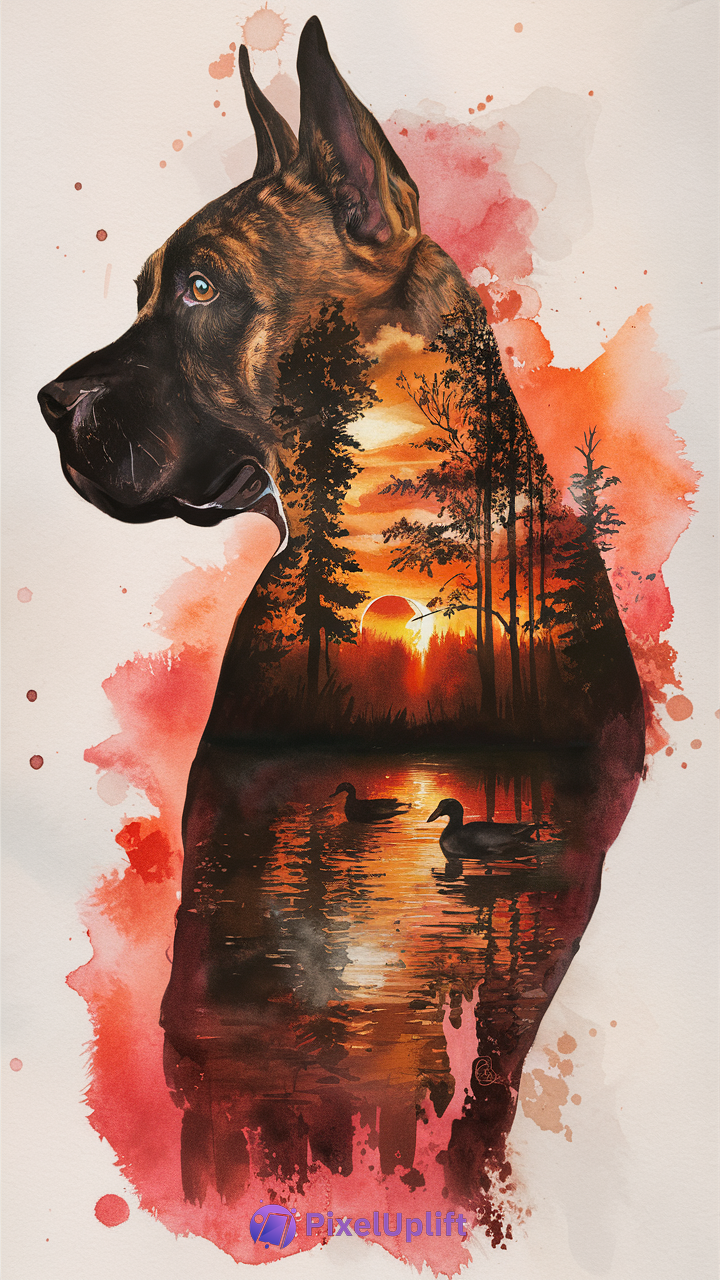 Phone wallpaper of a large dog's profile integrated with a vivid sunset nature scene and watercolor splashes