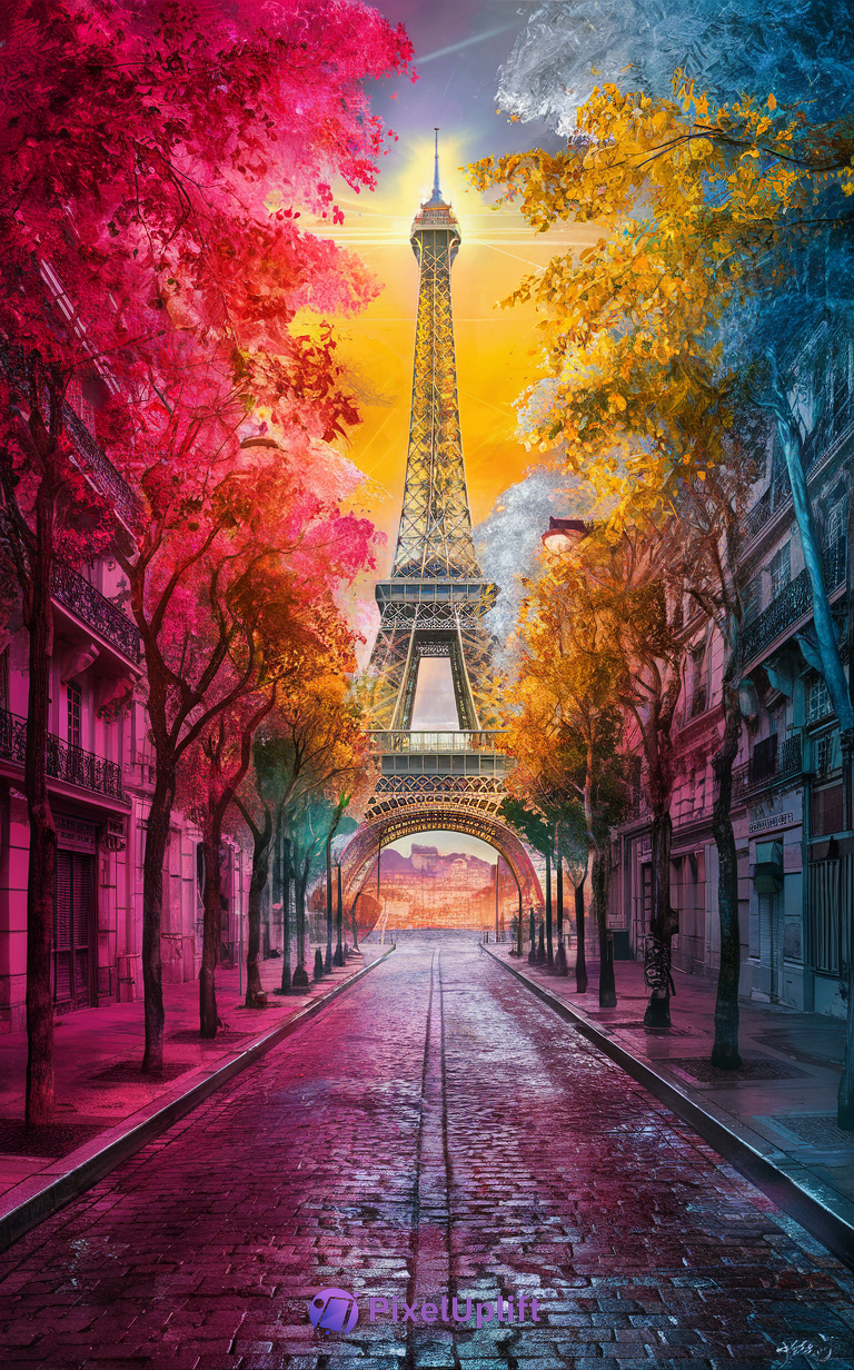 Vibrant surreal view of the Eiffel Tower from a cobblestone street with colorful trees and warm glowing sky, free phone wallpaper