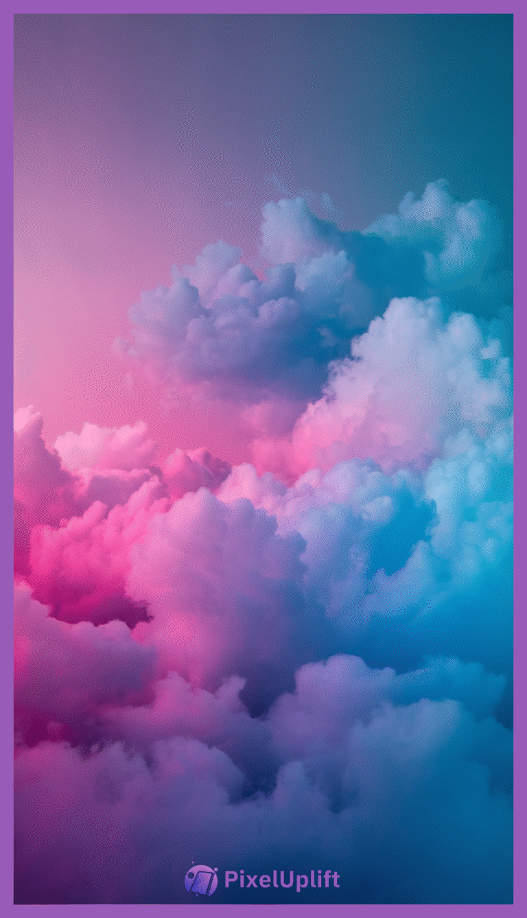 Stunning phone wallpaper lockscreen showing large fluffy clouds with vibrant pink, purple, and blue gradient colors creating a dreamy surreal sky