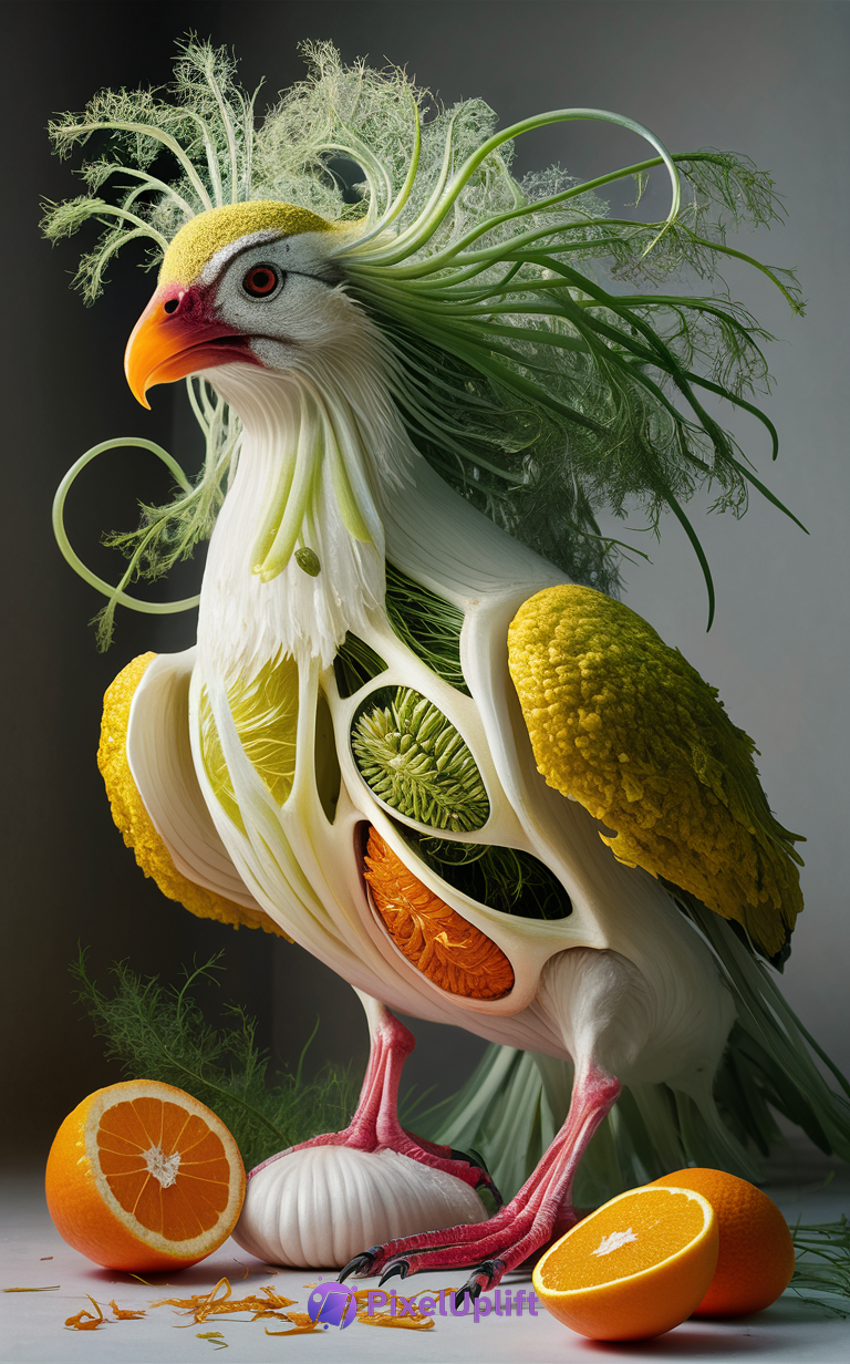 Surreal bird composed of various fruits and vegetables including citrus peel beak, leafy feather head, and squash wings on a dark background