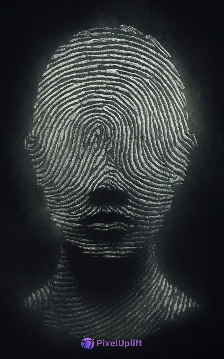 Surreal fingerprint pattern phone wallpaper with human head and neck silhouette on dark background