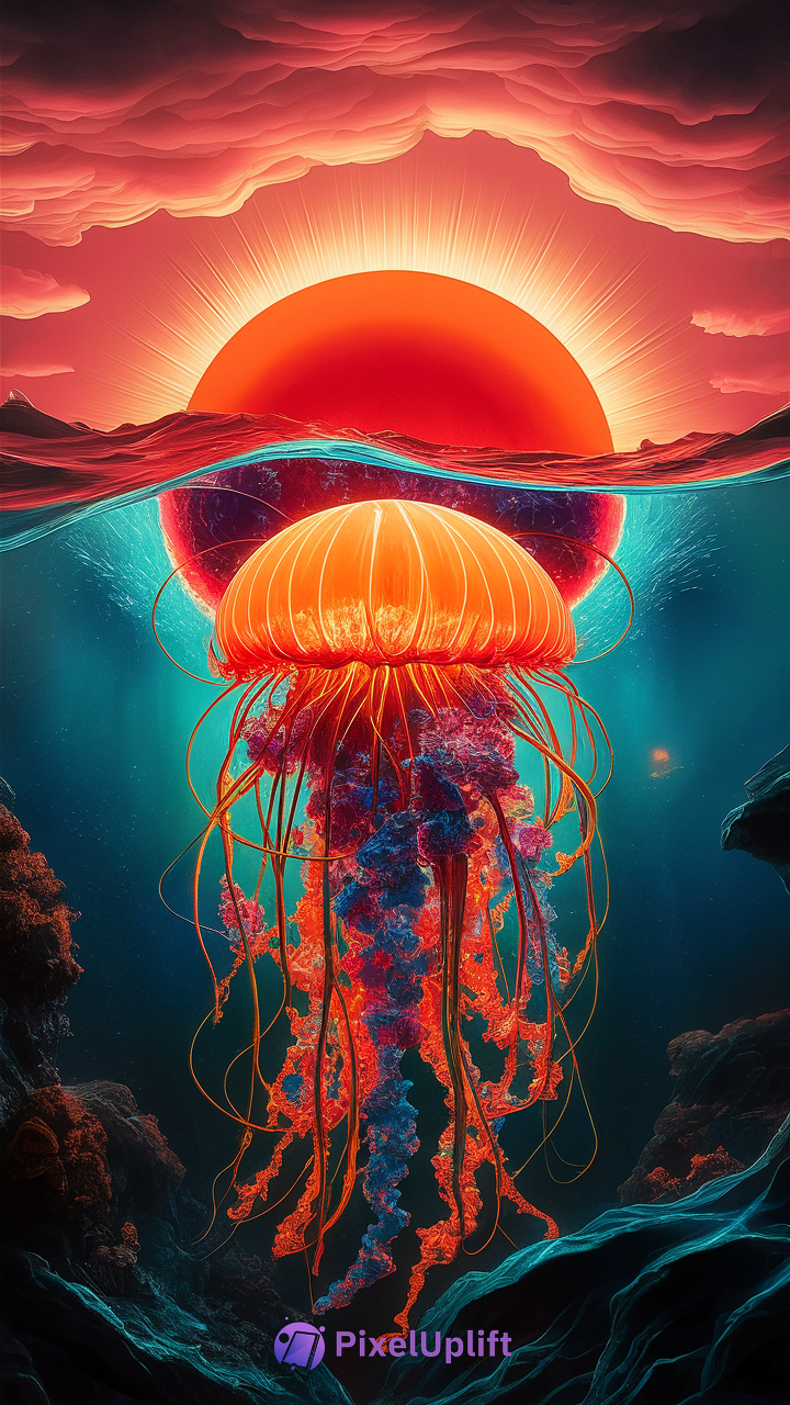 Surreal glowing jellyfish phone wallpaper with bright orange and red tones blending with a glowing sun on the horizon over the ocean