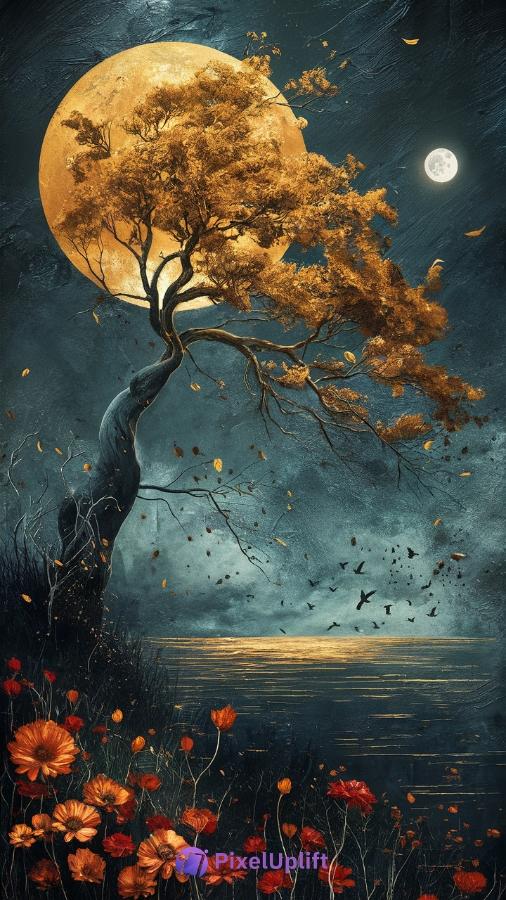 Surreal phone wallpaper showing a golden-orange tree with twisted branches in front of a glowing full moon, with a smaller moon, colorful flowers, and a flock of birds over calm water at night