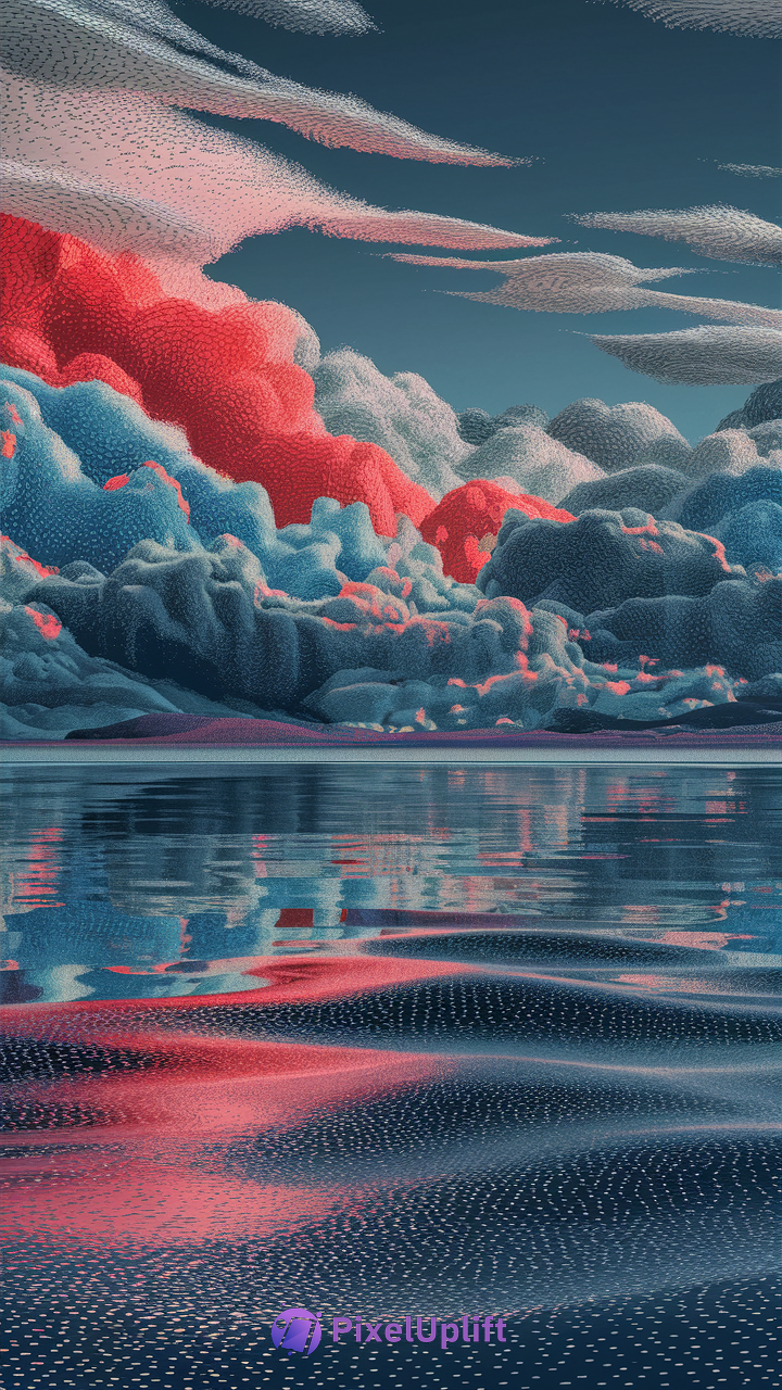 Surreal textured phone wallpaper showing vibrant red, pink, and blue stippled clouds over a reflective body of water with a deep blue sky
