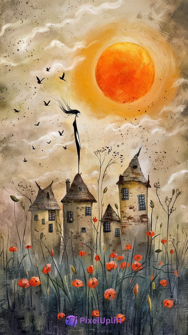 Surreal whimsical phone wallpaper showing tall narrow houses with conical roofs among grass and bright orange flowers under a glowing orange sun and swirling clouds