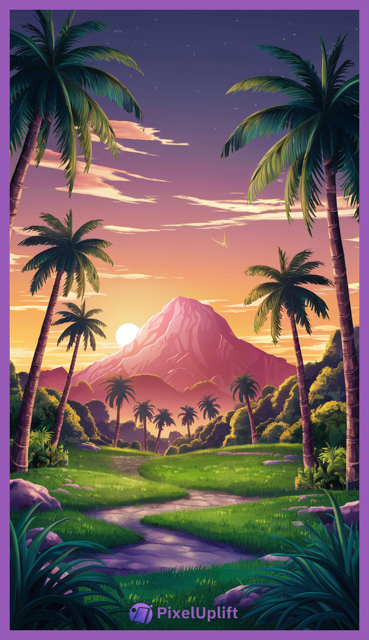 Vibrant tropical sunset landscape with winding path, tall palm trees, lush greenery and a majestic pink-hued mountain under colorful sky