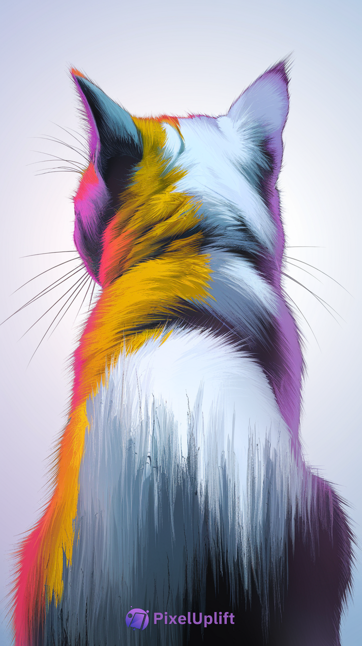 Stylized digital painting of a colorful cat viewed from behind with vibrant and pastel fur colors on a soft gradient background