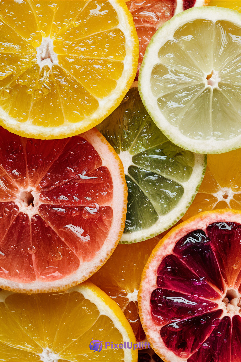 Close-up of vibrant citrus fruit slices including oranges, lemons, limes, grapefruits, and blood oranges arranged closely together