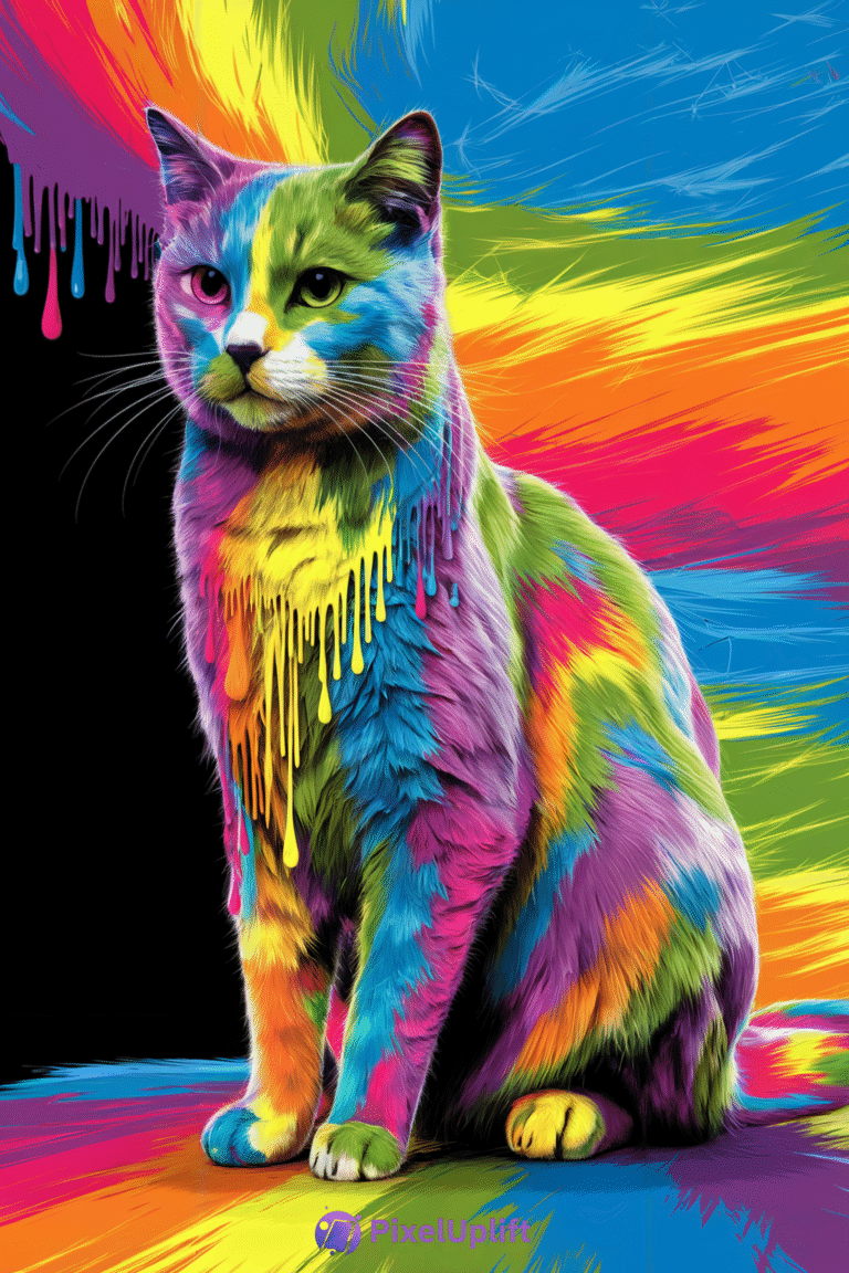 Vibrant colorful digital artwork of a cat with flowing multicolored fur and dripping paint effect on a lively bright background