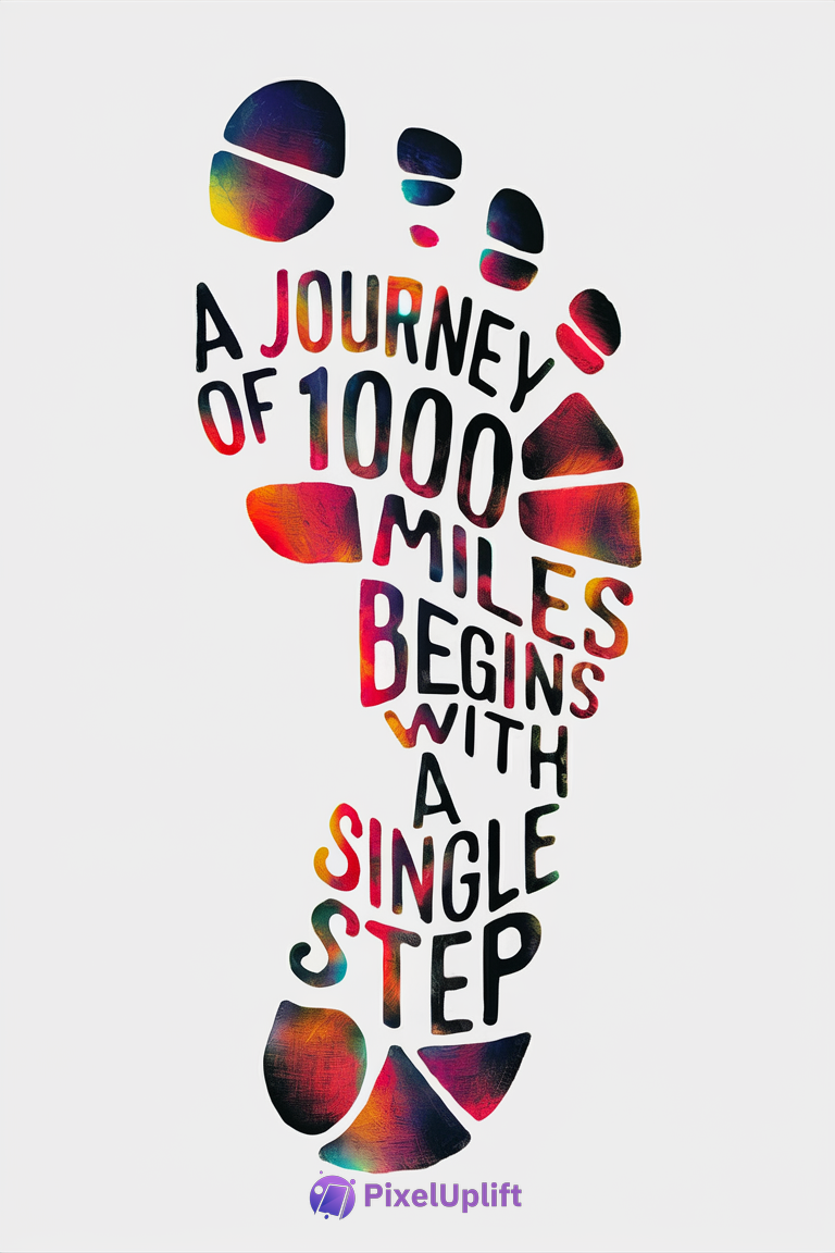 Colorful footprint phone wallpaper with the quote A journey of 1000 miles begins with a single step on white background