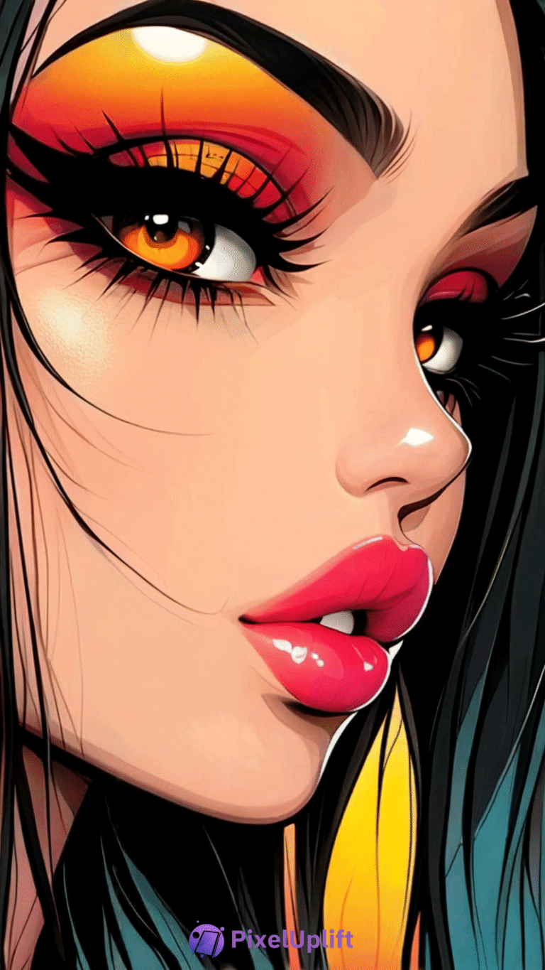 Close-up digital artwork of a woman's face with vibrant orange and yellow eye makeup, glossy red-pink lips, and smooth light-toned skin