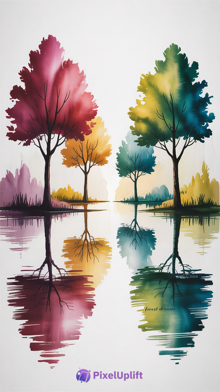 Vibrant colorful trees phone wallpaper with gradient reflections in calm water on white background