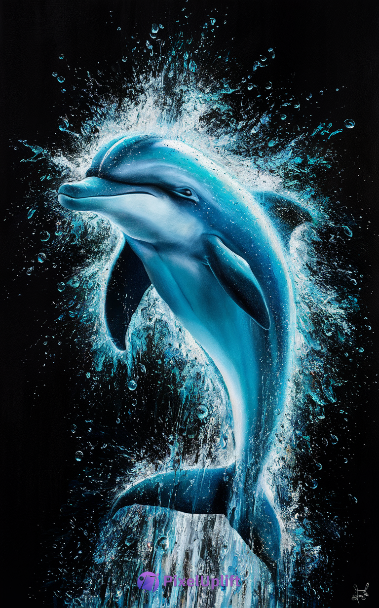 Vibrant dolphin leaping out of water with splashes on black background phone wallpaper