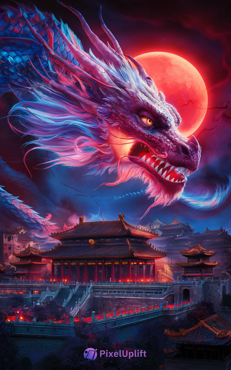 Vibrant dragon hovering over ancient Asian temples with a glowing red moon background phone wallpaper