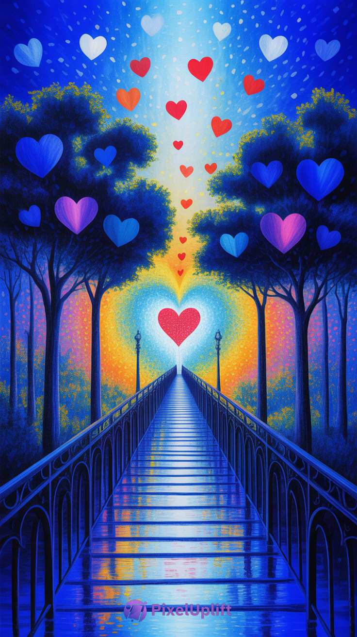 Vibrant dreamy phone wallpaper featuring a long narrow bridge leading to a glowing heart on the horizon surrounded by a forest with deep blue and purple trees and a radiant twilight sky