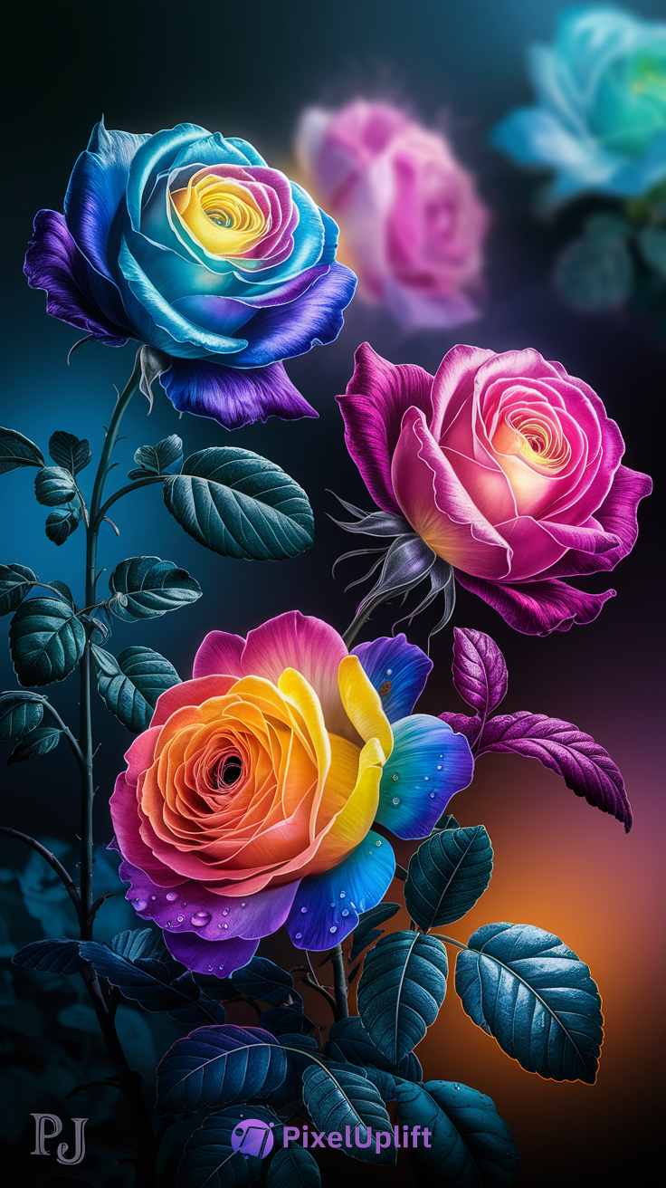 Colorful digital art of four roses in full bloom with dark blue and orange gradient background, vibrant hues and glowing effect