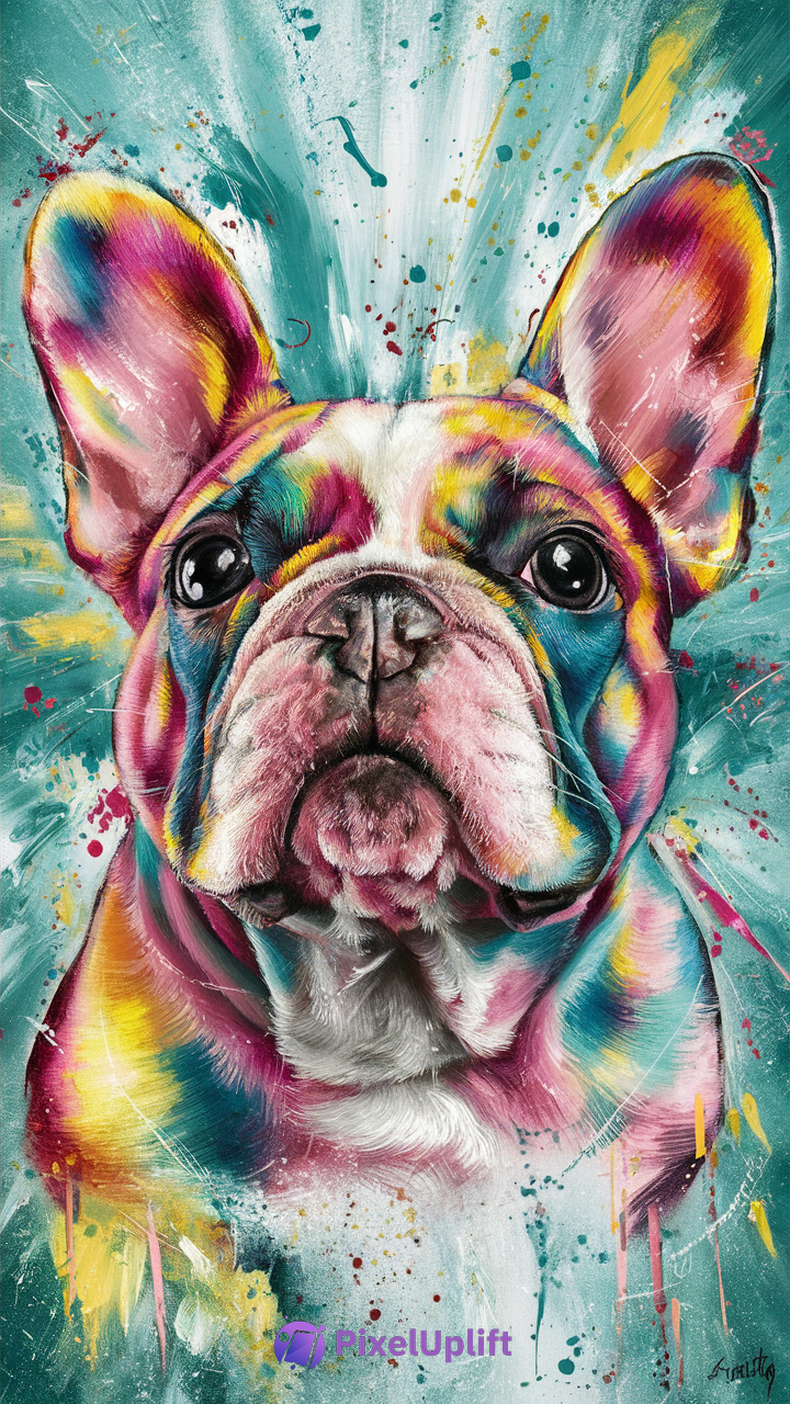 Vibrant colorful painting of a French Bulldog on a teal and white splattered background phone wallpaper