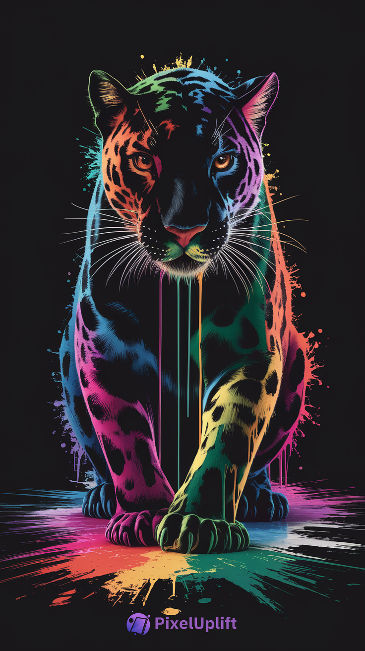 Vibrant multicolored leopard phone wallpaper with glowing neon paint drips on black background