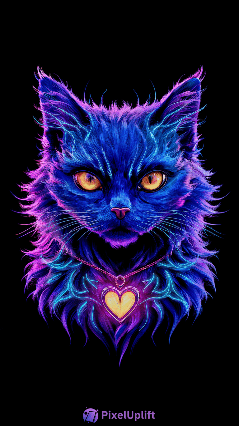 Neon blue and purple cat face with glowing yellow-orange eyes and a golden heart pendant on black background phone wallpaper