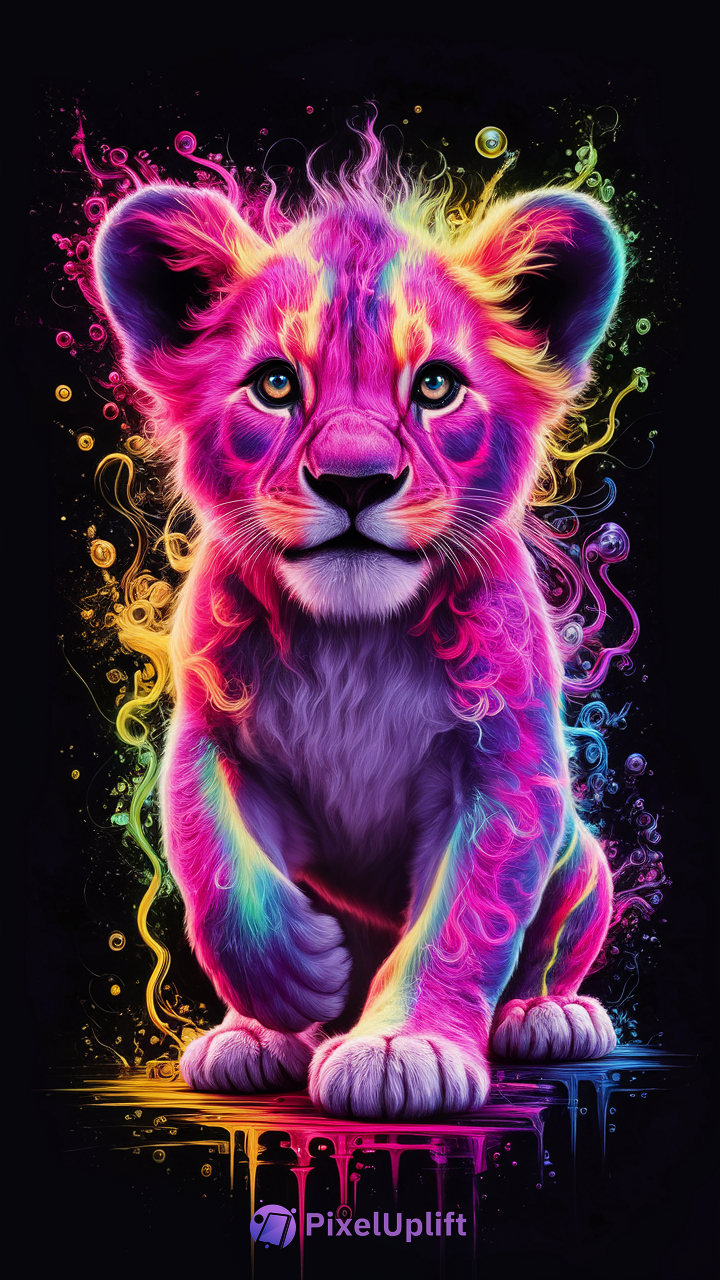 Vivid neon colored lion cub phone wallpaper with glowing pink, purple, blue, yellow, and green tones on black background
