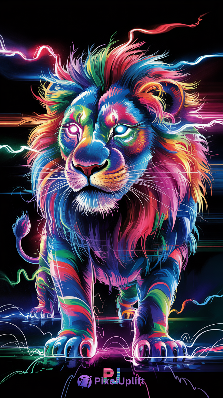 Vibrant neon-colored digital illustration of a lion with glowing pink and blue eyes on a black background