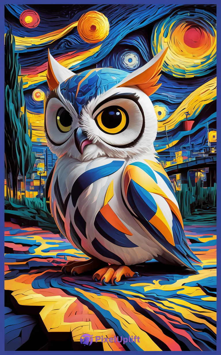 Vibrant digital painting of an owl with large yellow eyes against a swirling Starry Night style sky in blue, yellow, and orange hues