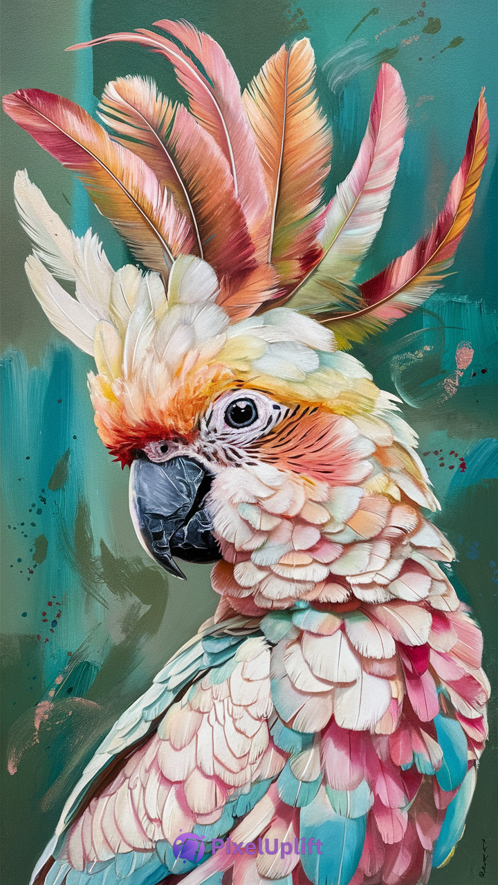 Vibrant colorful parrot phone wallpaper with pastel feathers and teal abstract background