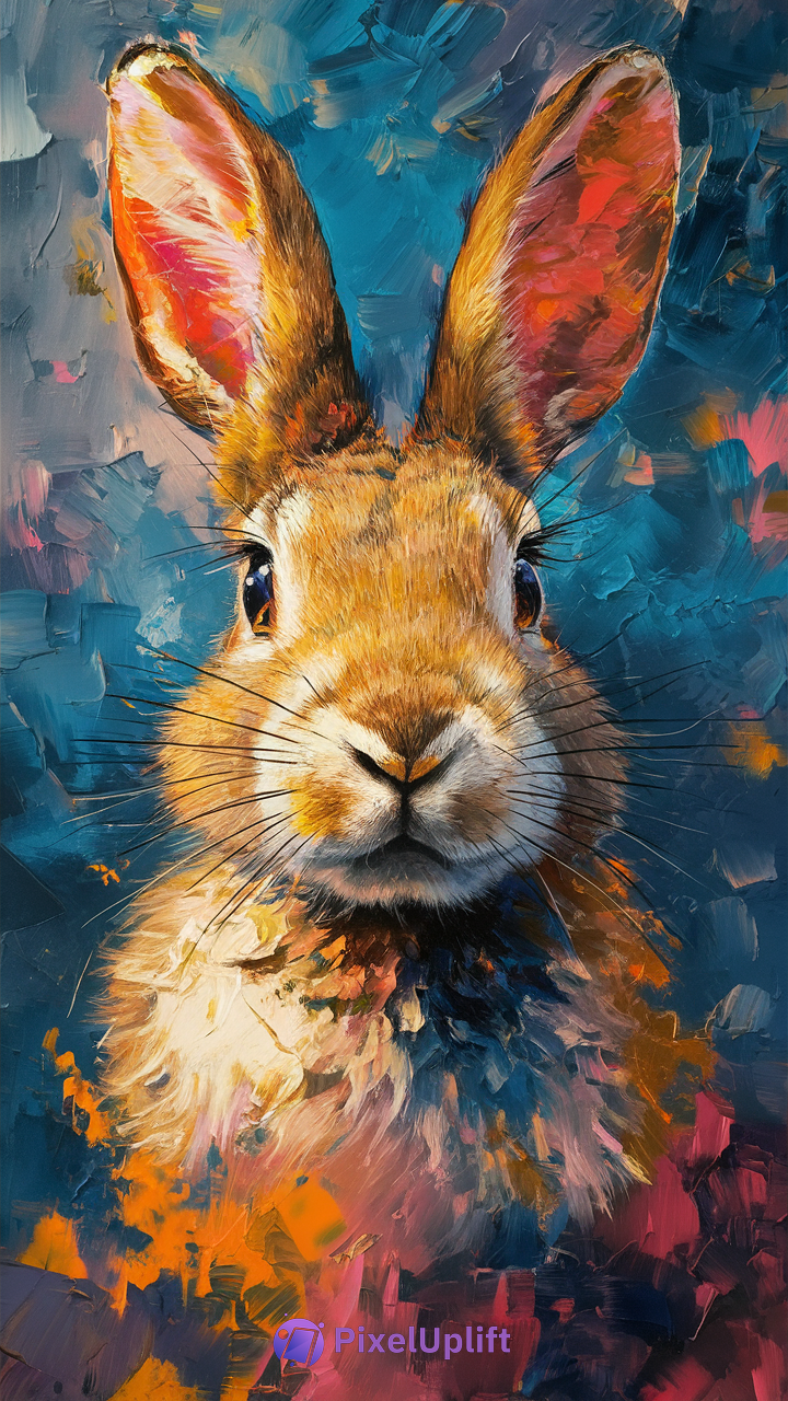 Close-up vibrant colorful painting of a rabbit on abstract textured background
