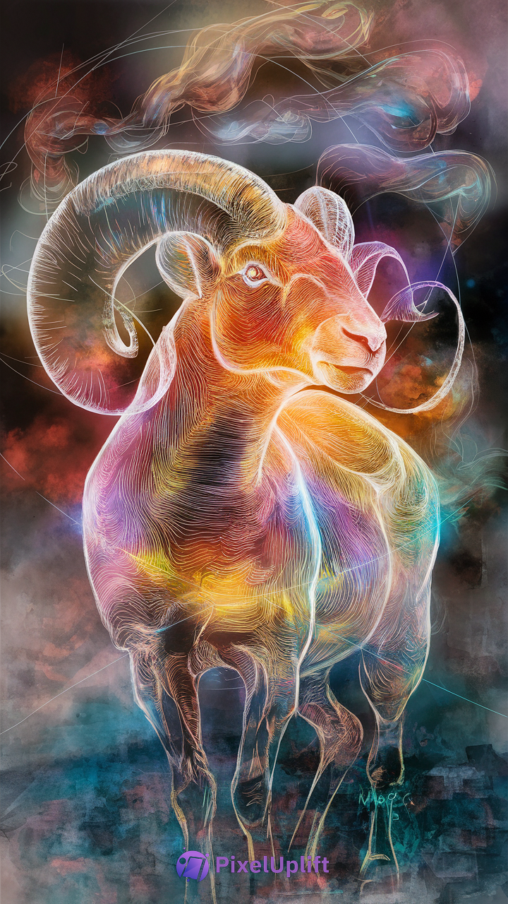 Vibrant and stylized digital artwork of a ram with large curved horns on dark background with colorful smoke trails