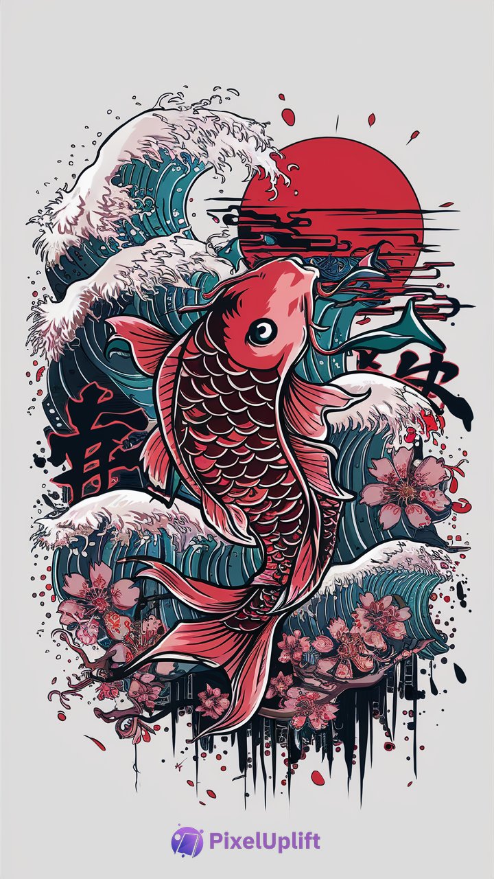 Vibrant red koi fish swimming upwards with blue ocean waves, red sun, pink cherry blossoms, and Japanese kanji on a phone wallpaper