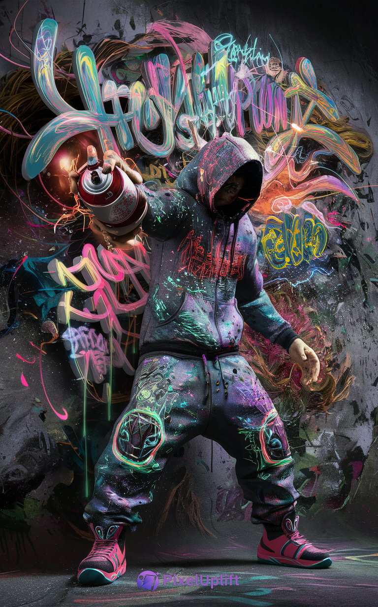 Person in colorful streetwear with paint-splattered hoodie and neon graffiti pants holding glowing spray paint can in front of vibrant graffiti wall