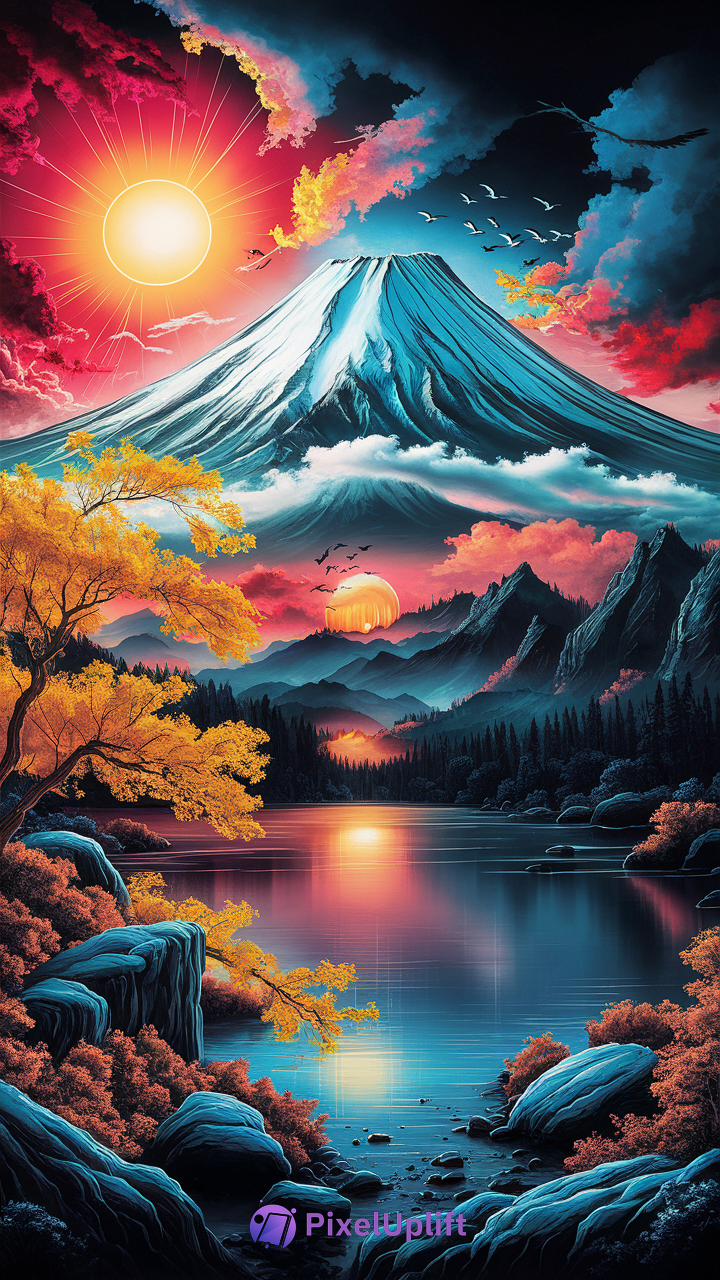Vibrant surreal mountain landscape phone wallpaper featuring snow-capped peak, fiery sunset sky with red orange blue gradient, serene reflective lake with blue rocks, bright yellow autumn trees, and flying birds