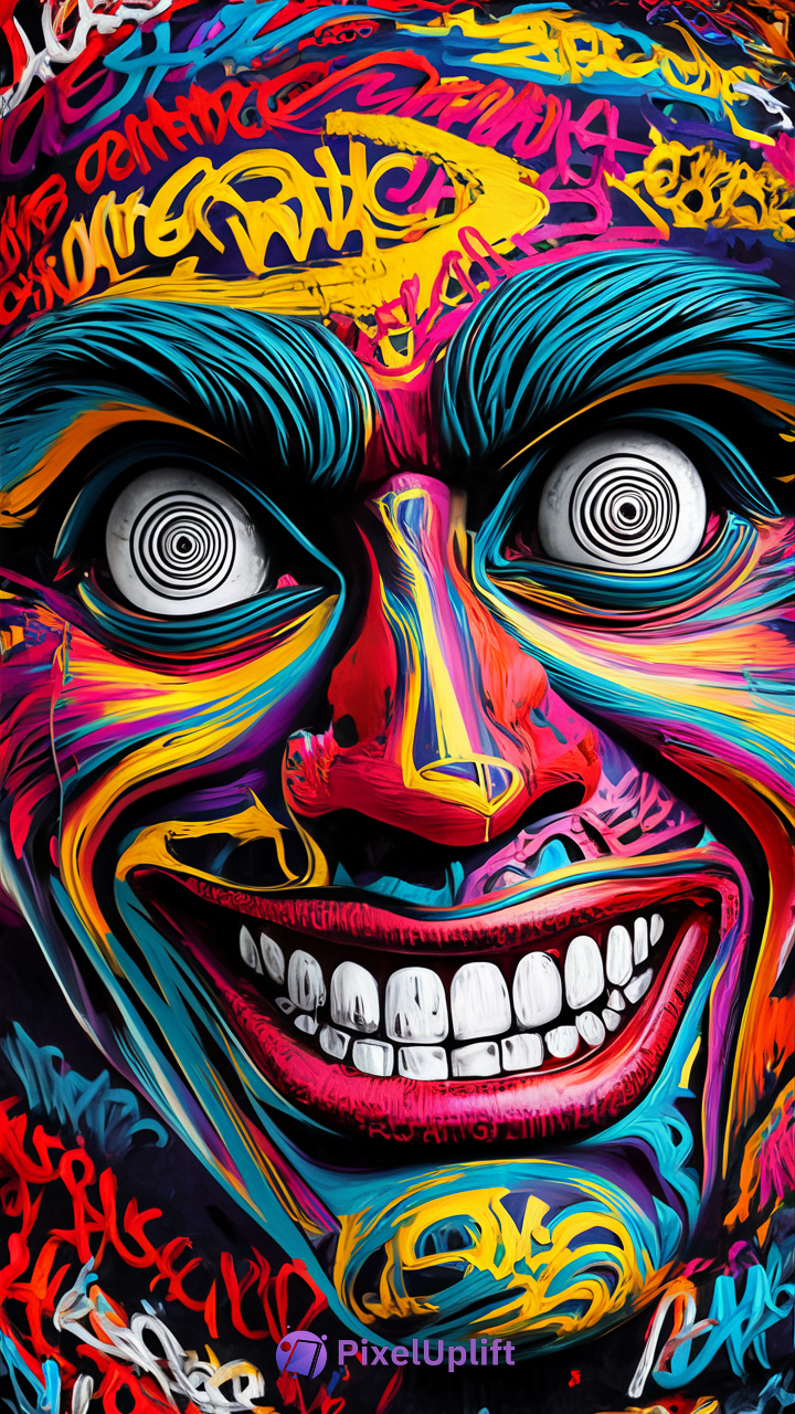 Vibrant surreal phone wallpaper with a stylized face showing hypnotic spiral eyes, bold swirling colors, and graffiti-like markings
