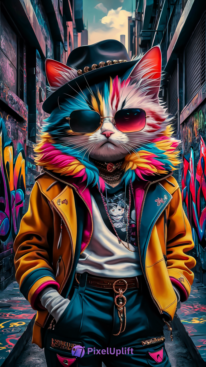 Vibrant anthropomorphic cat with multicolored neon fur wearing streetwear and accessories standing in a graffiti-covered urban alleyway