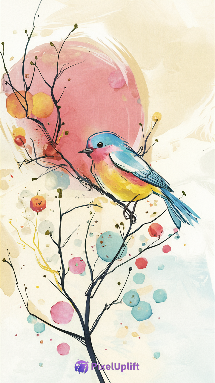 Colorful watercolor painting of a small bird perched on a thin dark branch with abstract pastel shapes background, perfect for phone wallpaper