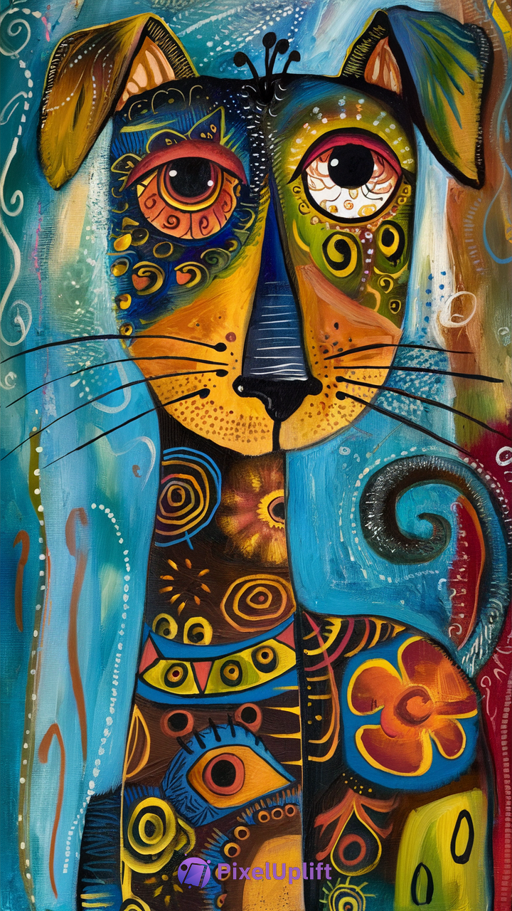 Colorful and whimsical dog phone wallpaper with large expressive eyes and abstract patterns in a lively blue-green background