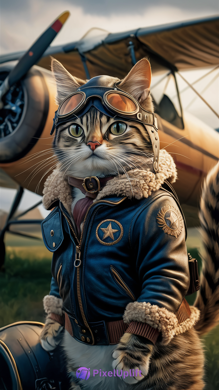 Cat dressed as a vintage aviator wearing leather pilot jacket and aviator helmet with goggles, with a classic biplane in the background