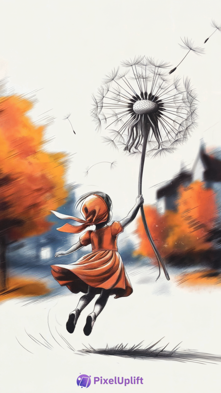 Whimsical phone wallpaper of a young girl in orange dress floating while holding a large dandelion with autumn trees background