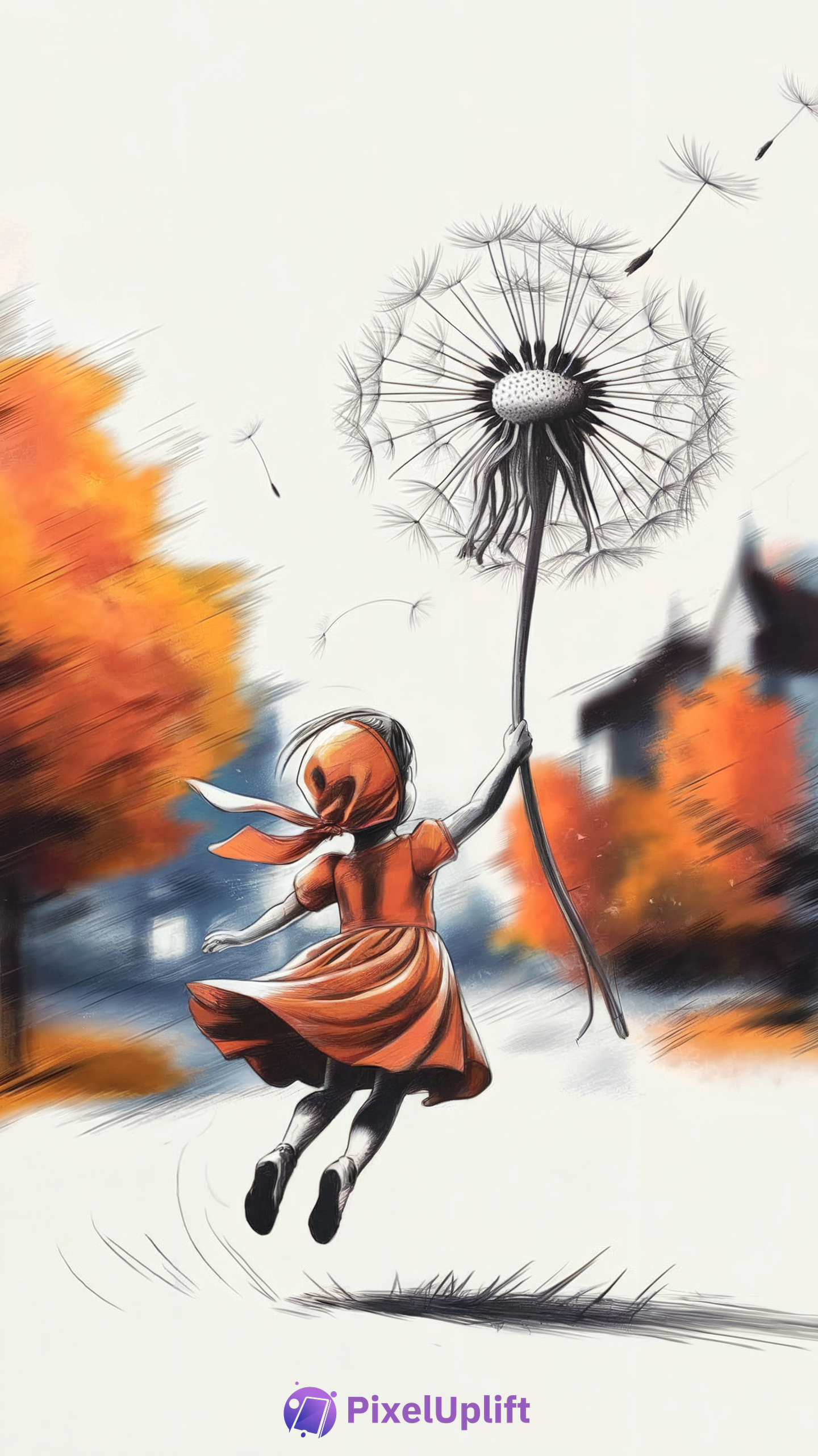 Whimsical phone wallpaper of a young girl in orange dress floating while holding a large dandelion with autumn trees background