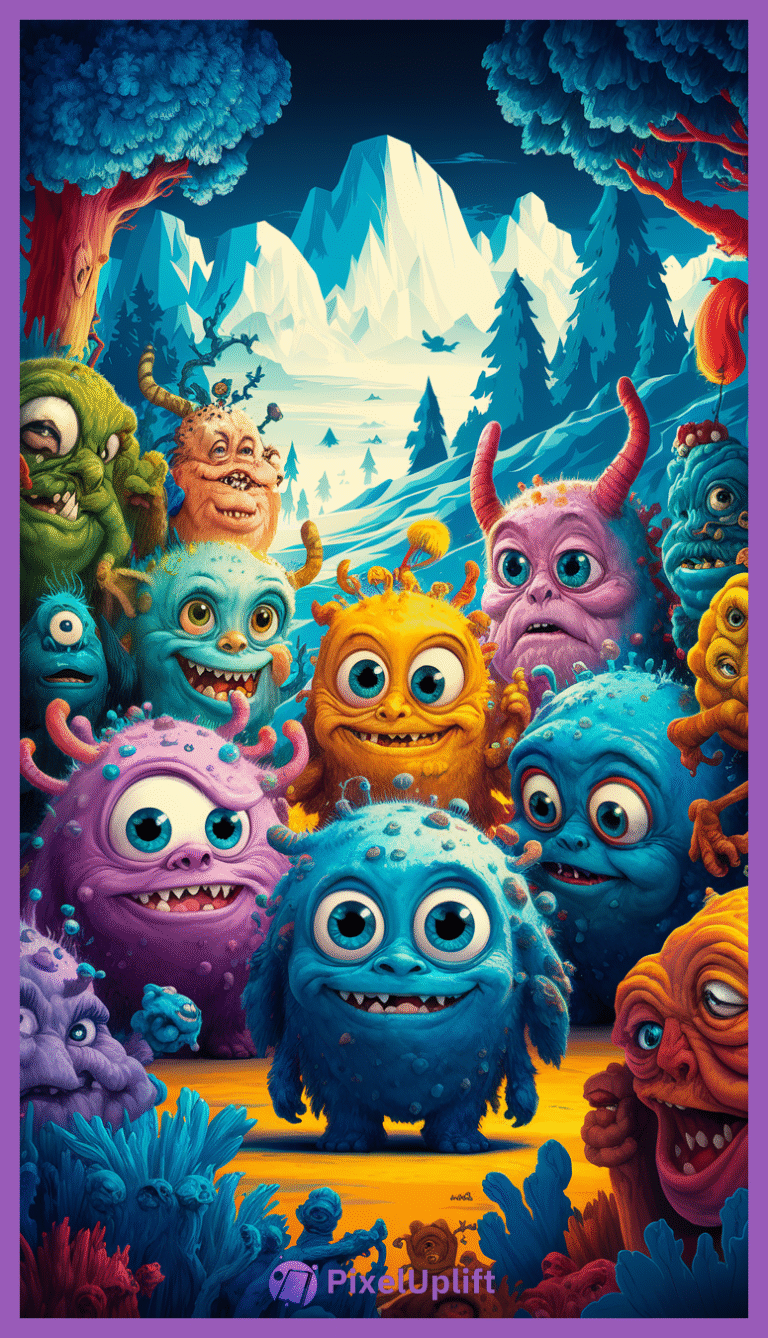 Colorful cartoon monsters gathered in a whimsical fantasy forest with snow-capped mountains and pine trees in the background