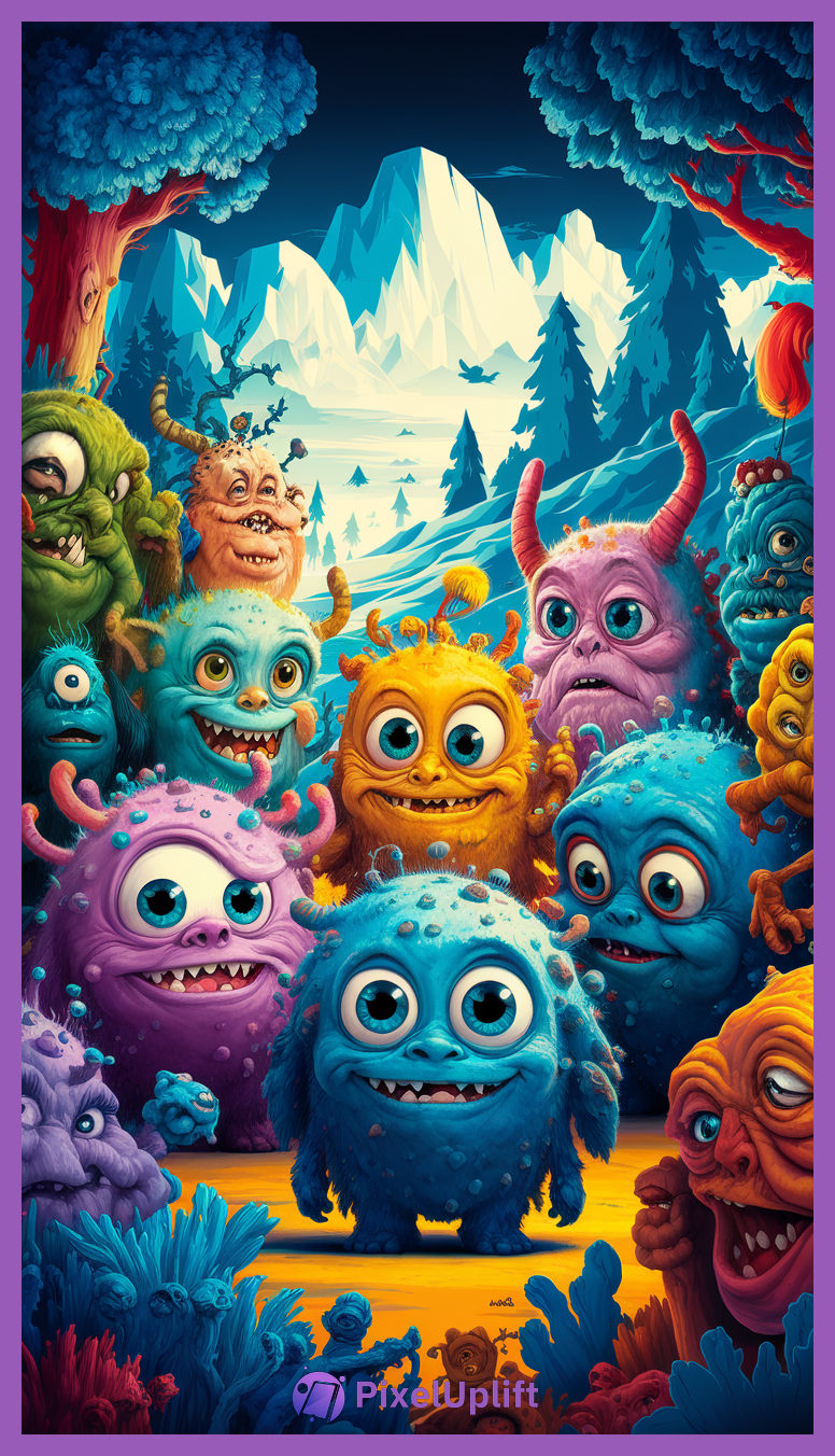 Colorful cartoon monsters gathered in a whimsical fantasy forest with snow-capped mountains and pine trees in the background