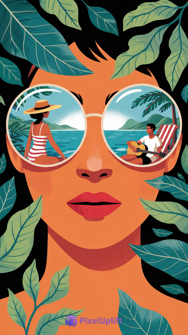Close-up stylized illustration of a person with tanned skin and red lips wearing large round sunglasses reflecting seaside scenes with a woman in a striped swimsuit and a man playing guitar, surrounded by lush green leaves