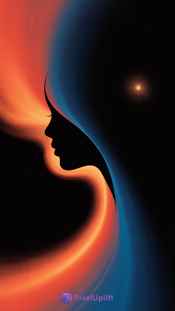 Abstract cosmic silhouette of a human face with vibrant orange and blue flowing lines on black background