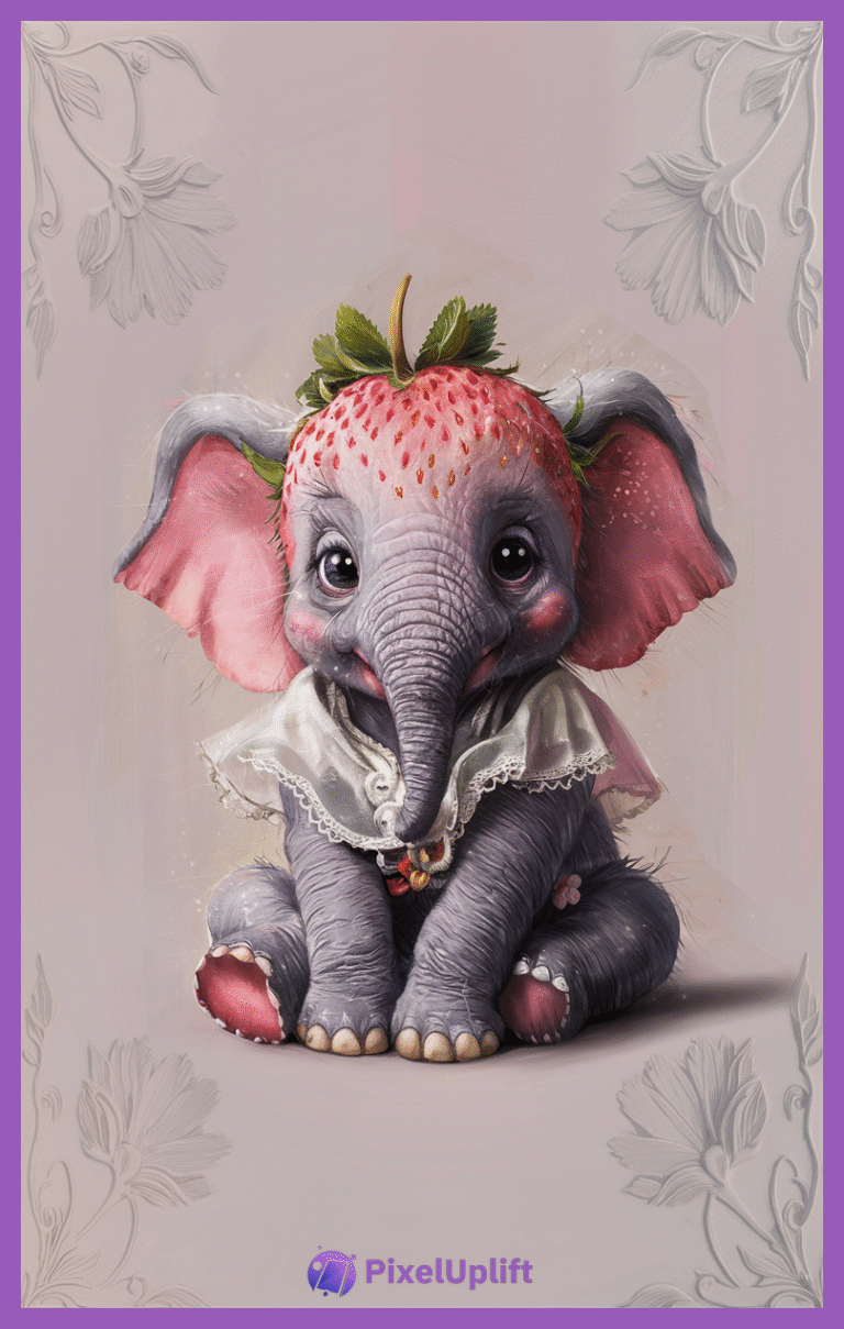 Whimsical baby elephant with a strawberry head and pink fluffy ears on a soft pink floral background phone wallpaper lockscreen