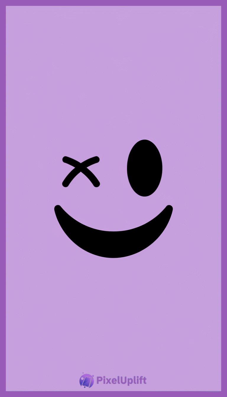 Minimalist stylized face on a solid lavender background with a large oval eye, crossed out X eye, and wide curved smile