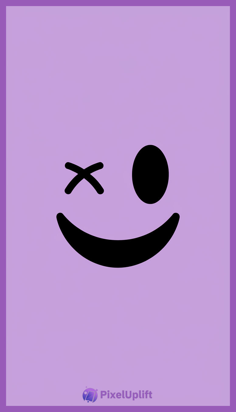 Minimalist stylized face on a solid lavender background with a large oval eye, crossed out X eye, and wide curved smile